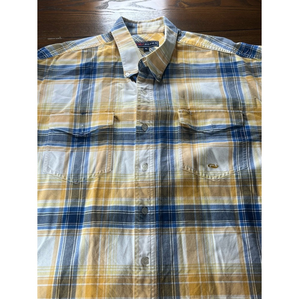 Roper Shirt Mens XL Long Sleeve Pocket Button Down Yellow Blue Plaid Western
